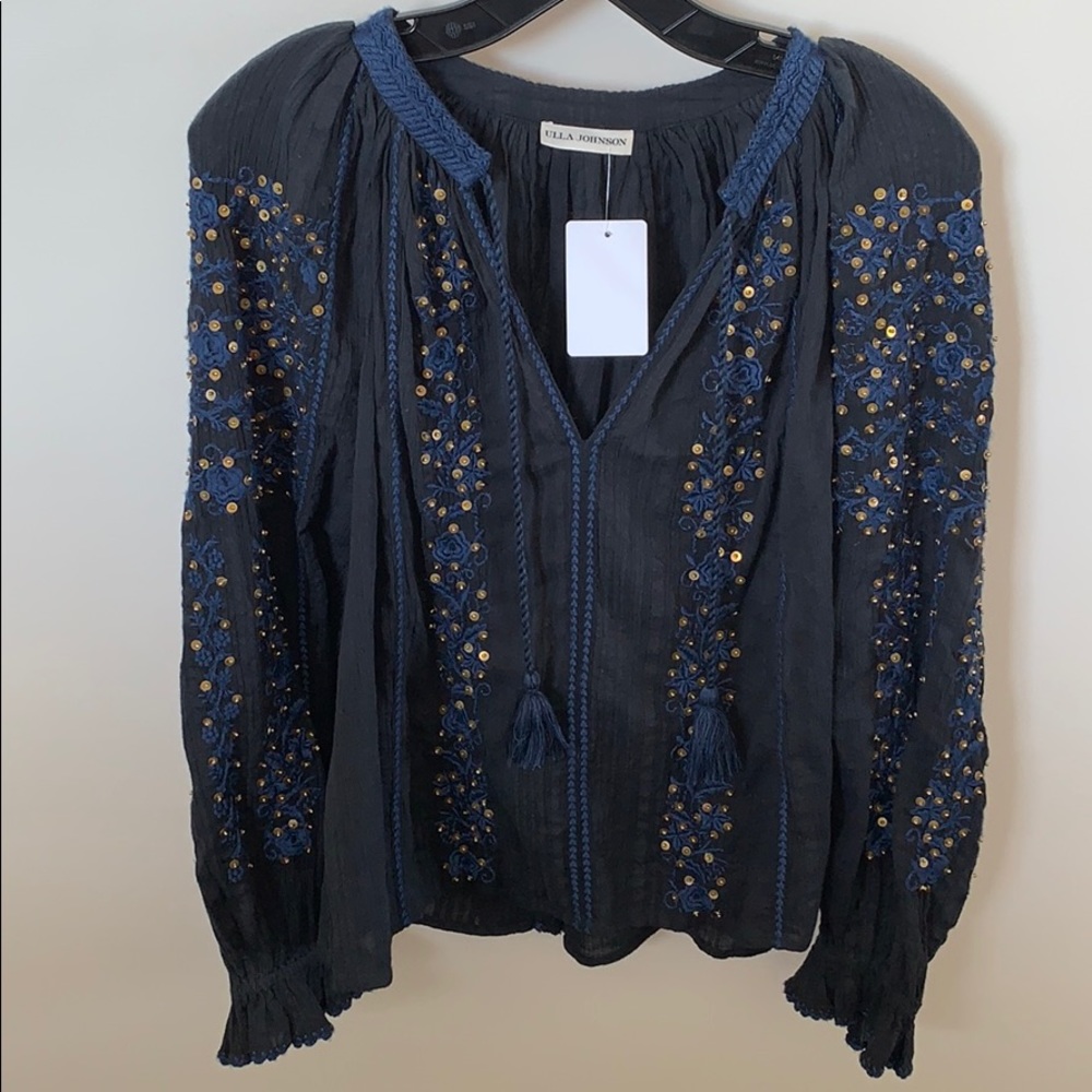 NWT Ulla johnson black and blue beaded shirt